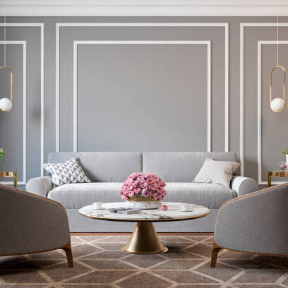 Classic gray interior with armchairs, sofa, coffee table, lamps, flowers and wall moldings. 3d render illustration mockup.